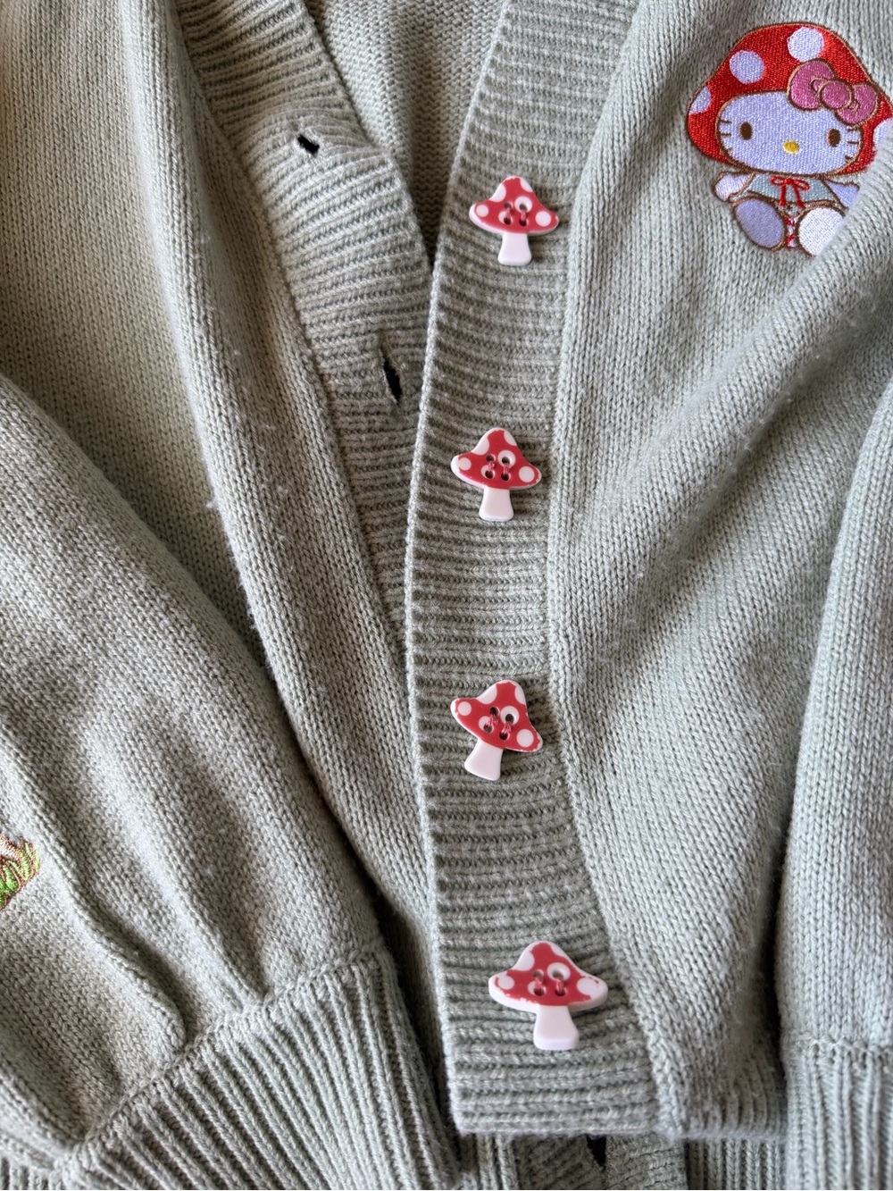 Hot Topic Sanrio Hello Kitty Mushroom Embroidered Knit Cardigan Size Small - Picture 4 of 11